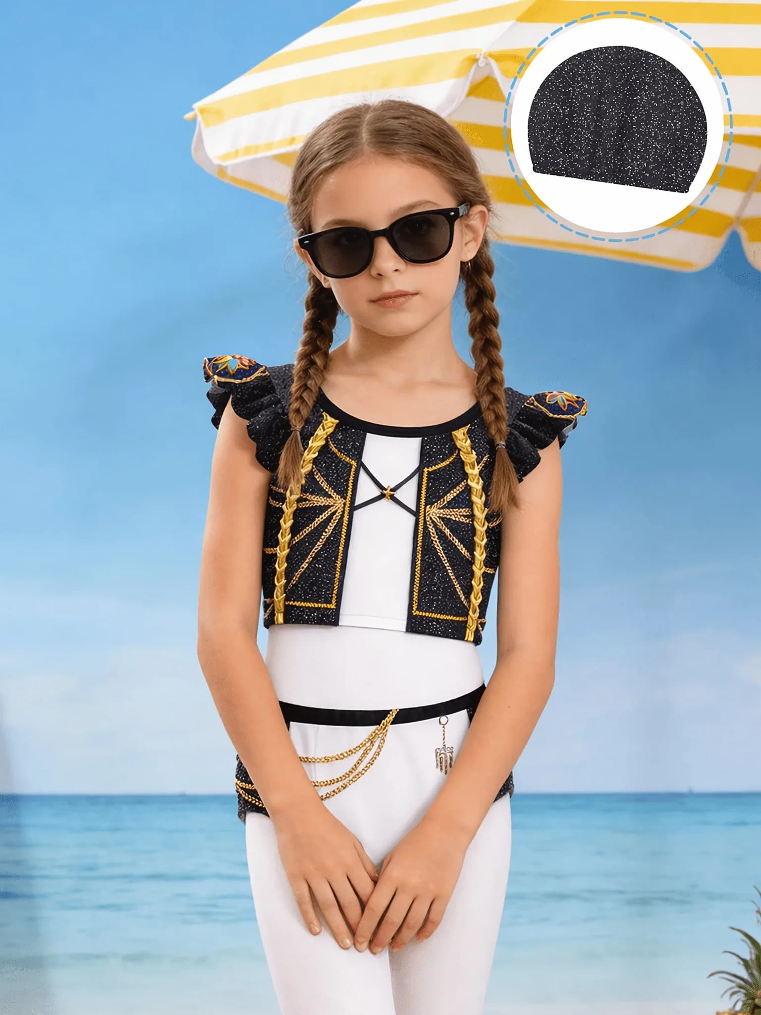 Elegant Girls 3‑Pcs Swim Set Glitter Chain Print Ruffle Top Bottoms Swim Cap For Holiday Pool Beach Outdoor Water Activities