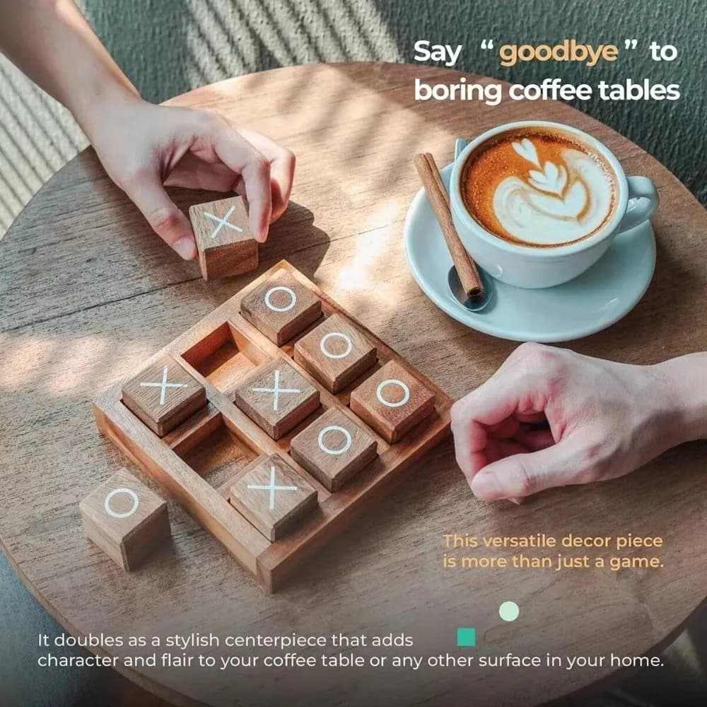 Portable Tic Tac Toe Game Handcrafted Finish Wooden Traditional XO Chess Set Interactive Design Training