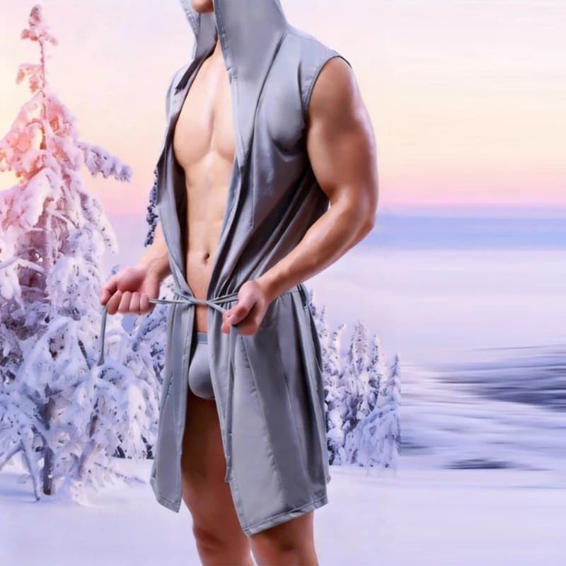 Vestaglia da uomo con cappuccio in seta, pigiama, abbigliamento da notte senza maniche, accappatoio, camicia da notte, pigiama ampio da uomo, loungewear, lingerie sottile
