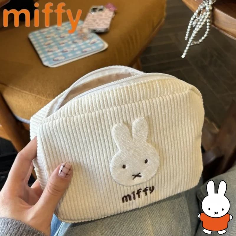 Borsa per il Trucco in Corduroy con Motivo Creativo di Coniglietto Miffy, Carina e Alla Moda, Grande Capacità, Portatile e Pratica