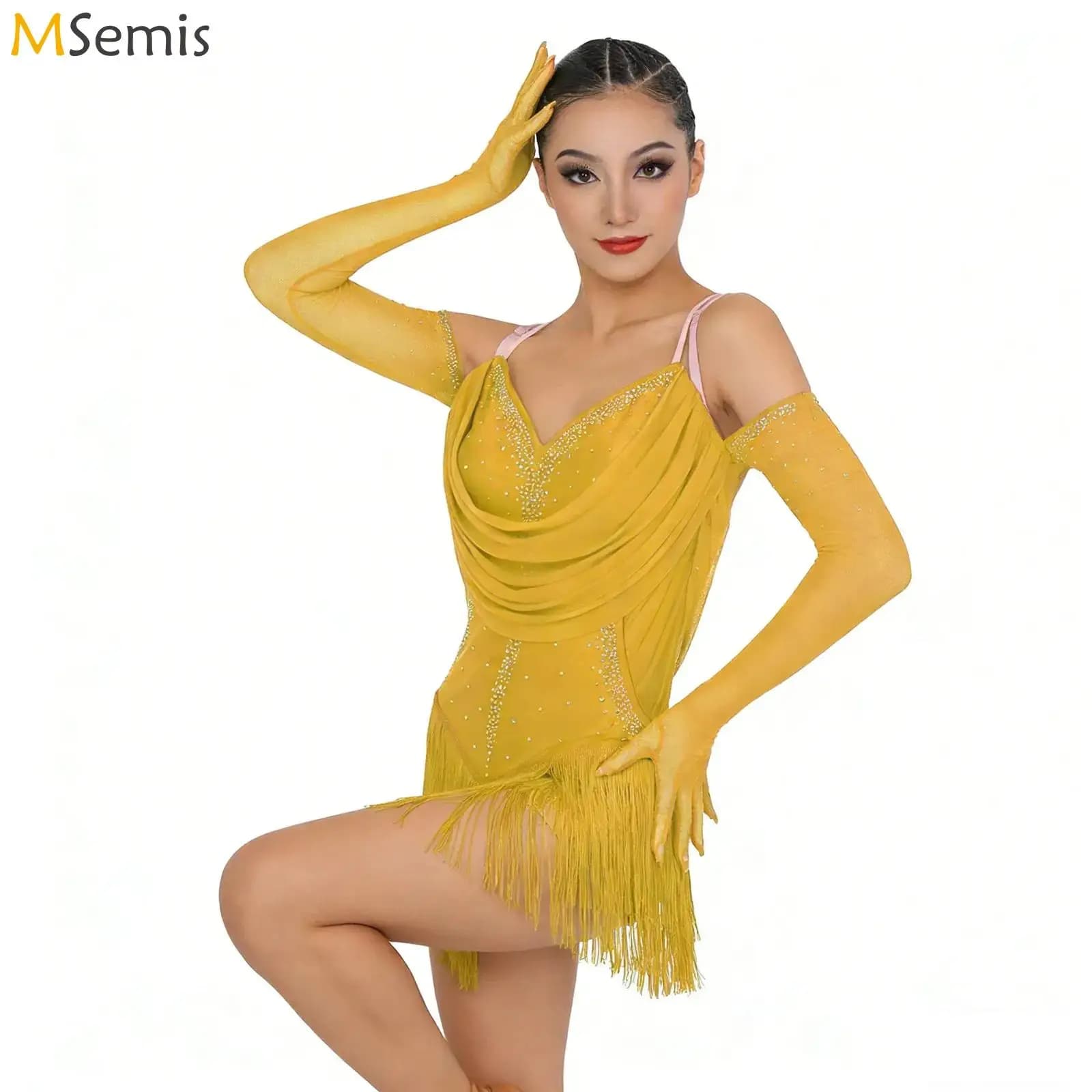 Body da ballo latino jazz da donna per adulti, con strass, glitter, arricciature, nappe e anelli, con guanti