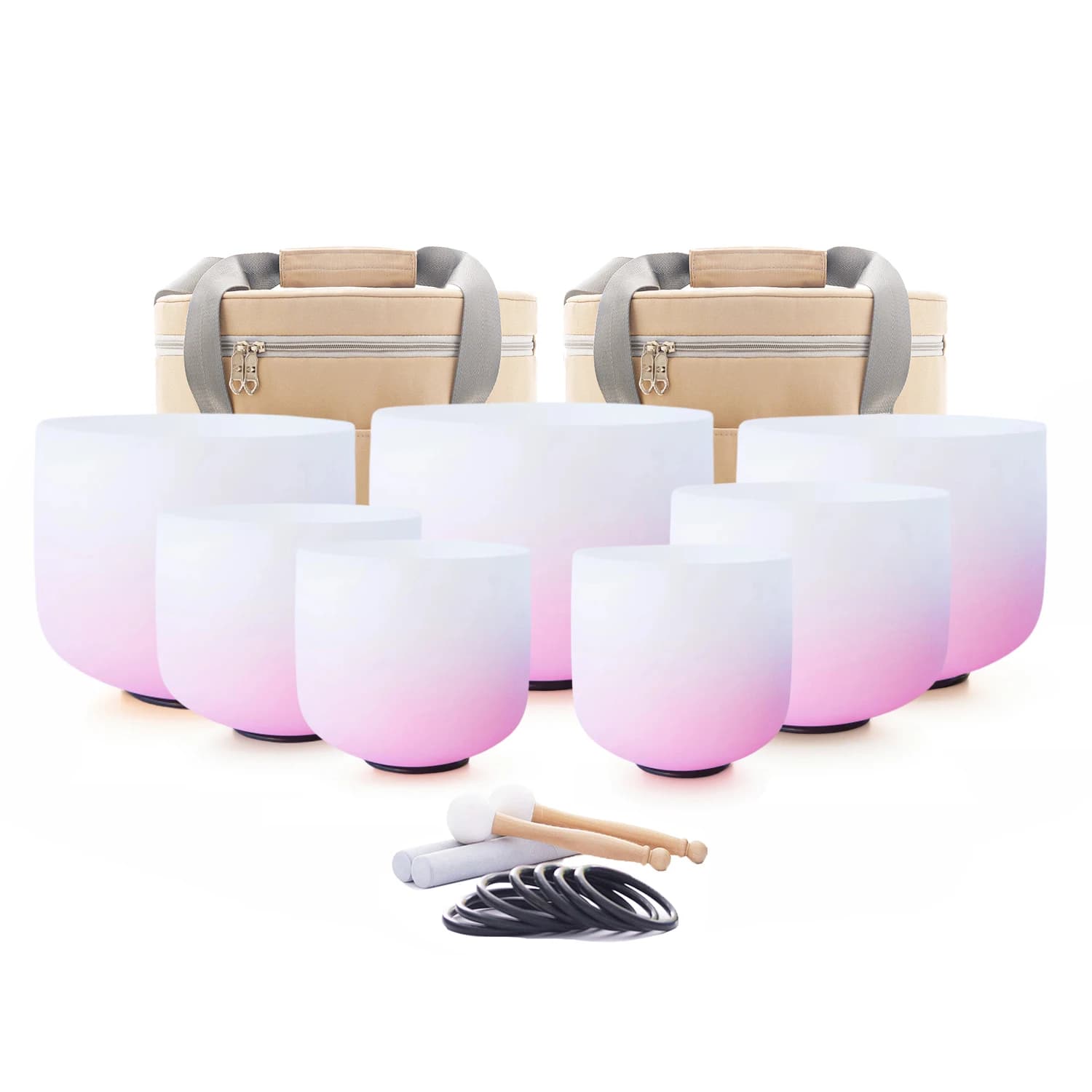 Hye-eun 6-12inch Gradient Pink Frosted Quartz Crystal Singing Bowl Set of 7pcs Chakra Yoga MeditationTibetan Bowl with Bags