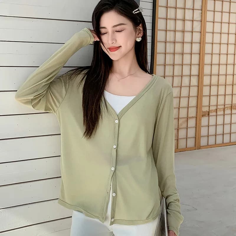 Korean Slim Tencel Cardigan Protection Solar Clothing Women V-neck Knit Air Conditioning Cover Up Top Spring Fashion 2024 Women