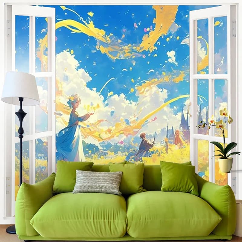 1PC Digital Print Tapestry Wall Hanging, Fake Window Yellow Ribbon Girl Field Art, Nature Scenery 3D Window Wall Art Decor