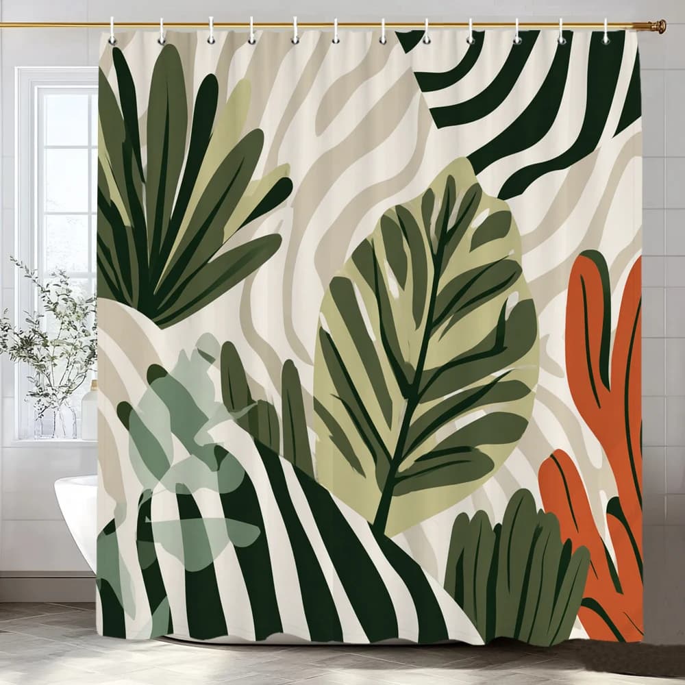 Leaves Print Shower Curtain,Tropical Plants and Leaves Bathroom Decoration Curtain Partition Privacy Hanging Curtain with Hooks