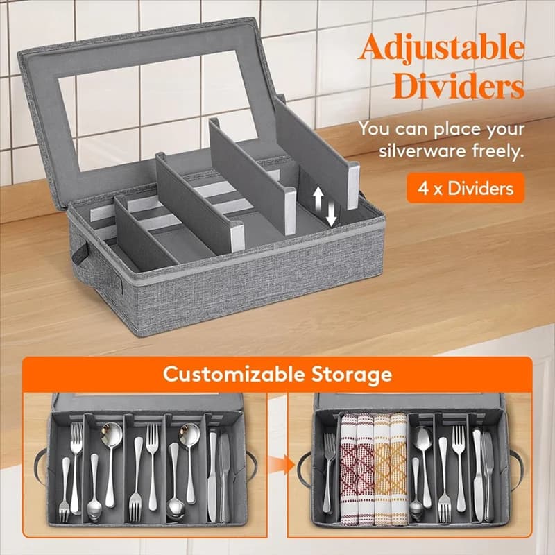 M12K-5 Compartment Cutlery Case With Zipper Lid And Adjustable Divider, Flatware Organizer With Handle, Silverware Storage Box