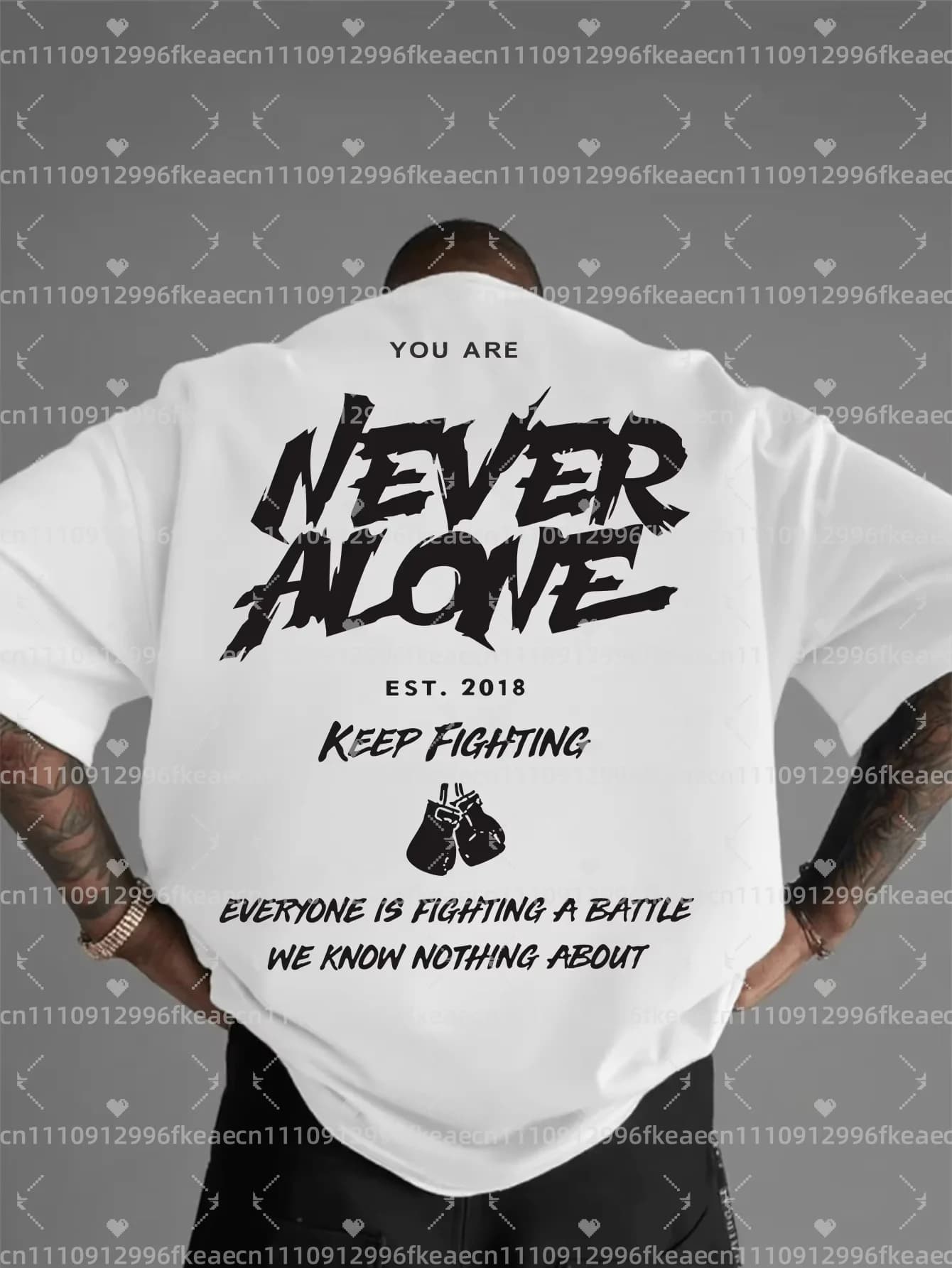 100% Cotton Motivational T-shirt with Print Boxing Glove 'NEVER ALONE' Summer 2026, Sportiva Casual Unisex White with Retro Print
