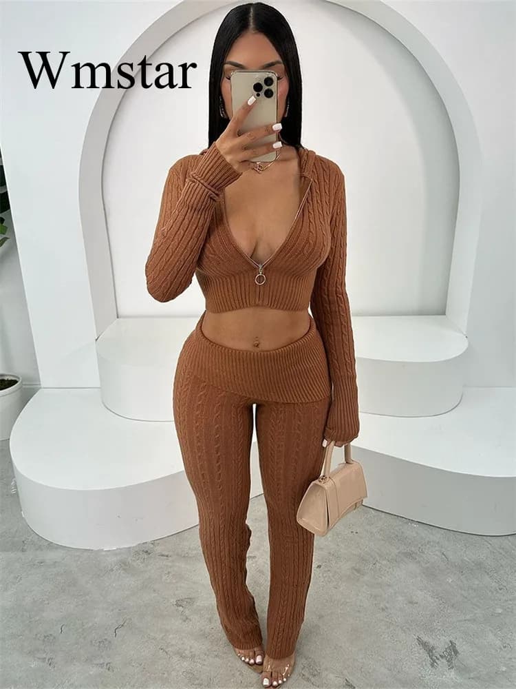 Wmstar New 2 Piece Sets Women Clothing Pants Sets Casual Solid Color Knitted Long Sleeved Two-piece Set Wholesale Dropshipping