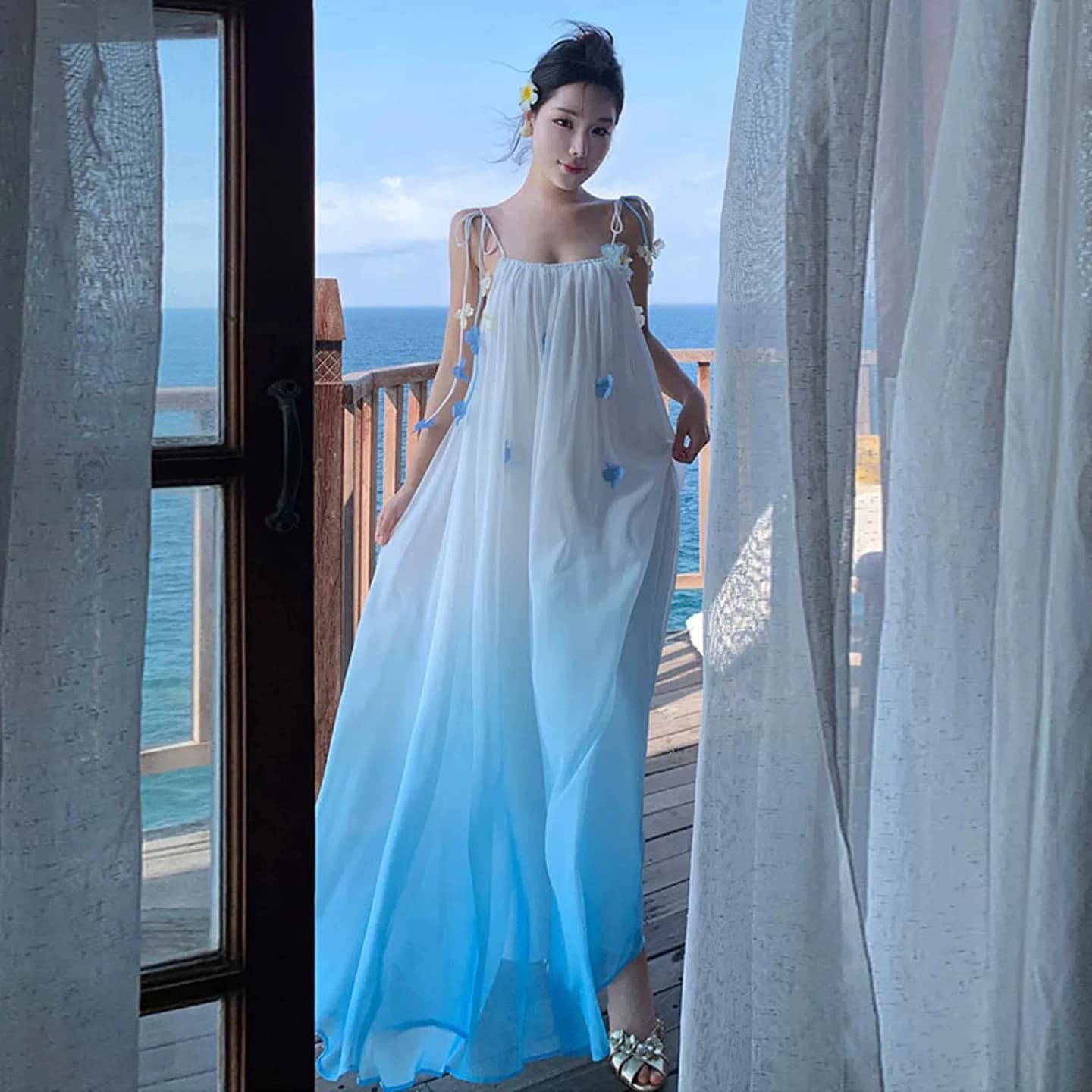 Abito lungo da donna sexy nuovo, azzurro sfumato, con spalline sottili, in chiffon, stile Y2K, per vacanze al mare, alla moda, per feste e vacanze