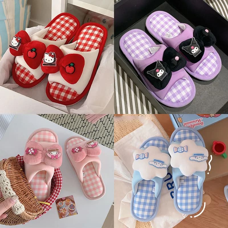 Pantofole in cotone Sanrio Cinnamoroll Hello Kitty Kuromi, simpatiche pantofole invernali da casa con suola spessa, calde e comode.