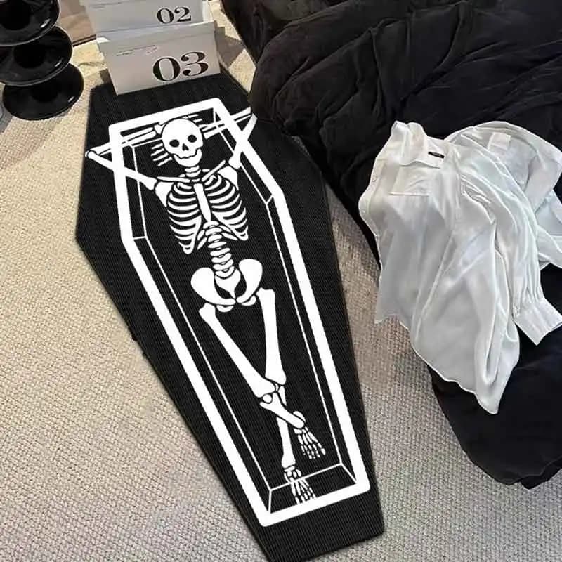 Tappeto a forma di bara con teschio di Halloween, tessuto di cristallo, tappetino antiscivolo, camera da letto, soggiorno, comodino, divano, bagno, decorazione