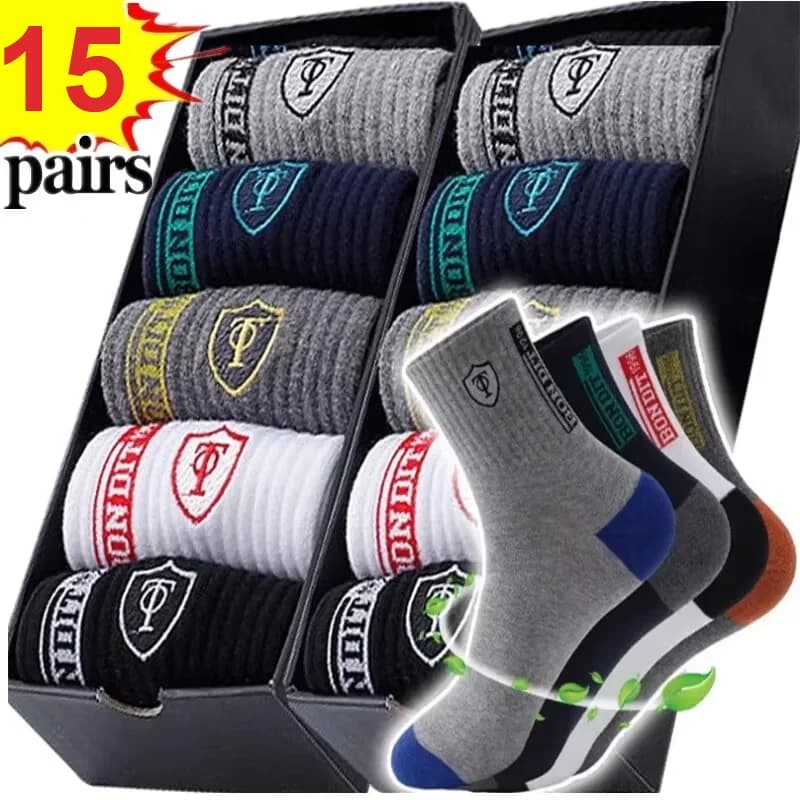 Men's Breathable Cotton Sports Socks 15/30 Pairs Bamboo Fiber Sweat Absorbing Deodorant Business Stockings for Comfort