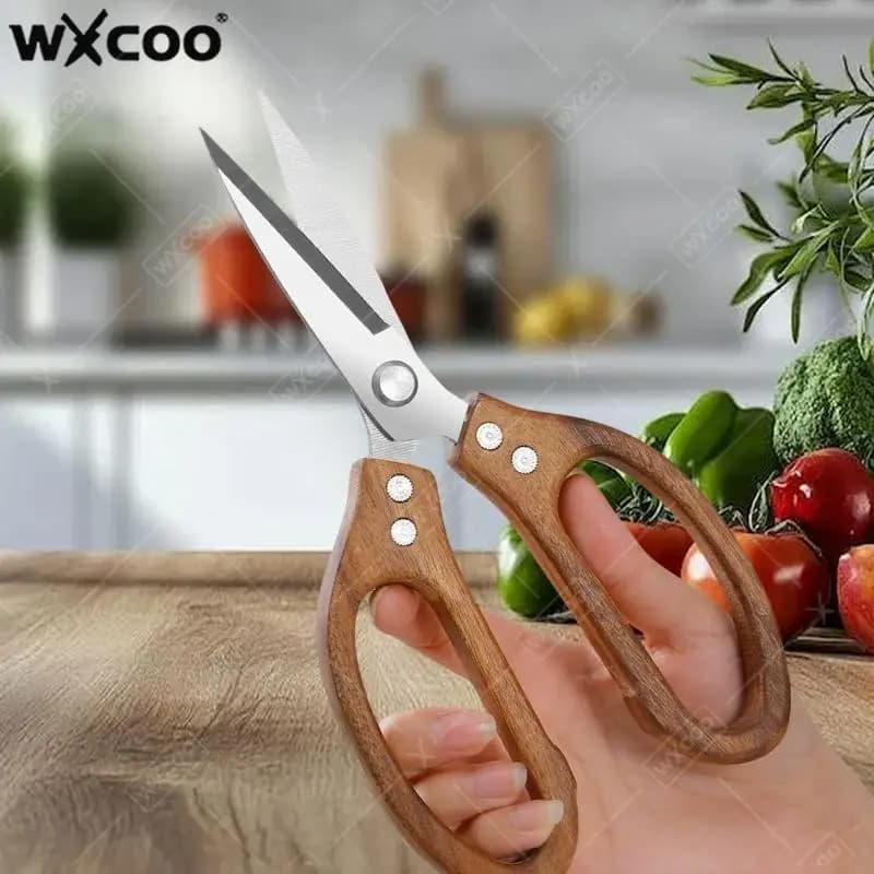 Forbici da Cucina Multiuso in Acciaio Inossidabile con Manico in Acacia per Tagliare Pollo, Pesce, Carne e Alimenti