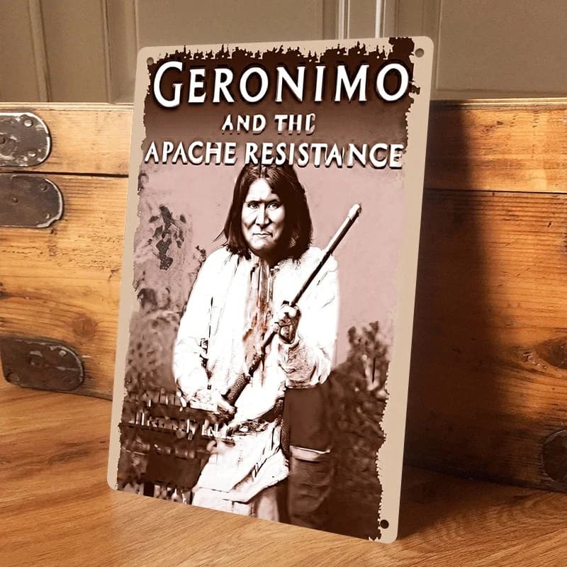 1 pezzo: Quadro in latta retrò con Geronimo e la Resistenza degli Apache, decorazione per la casa a tema storia nativo americana, da appendere a parete per ufficio/bar