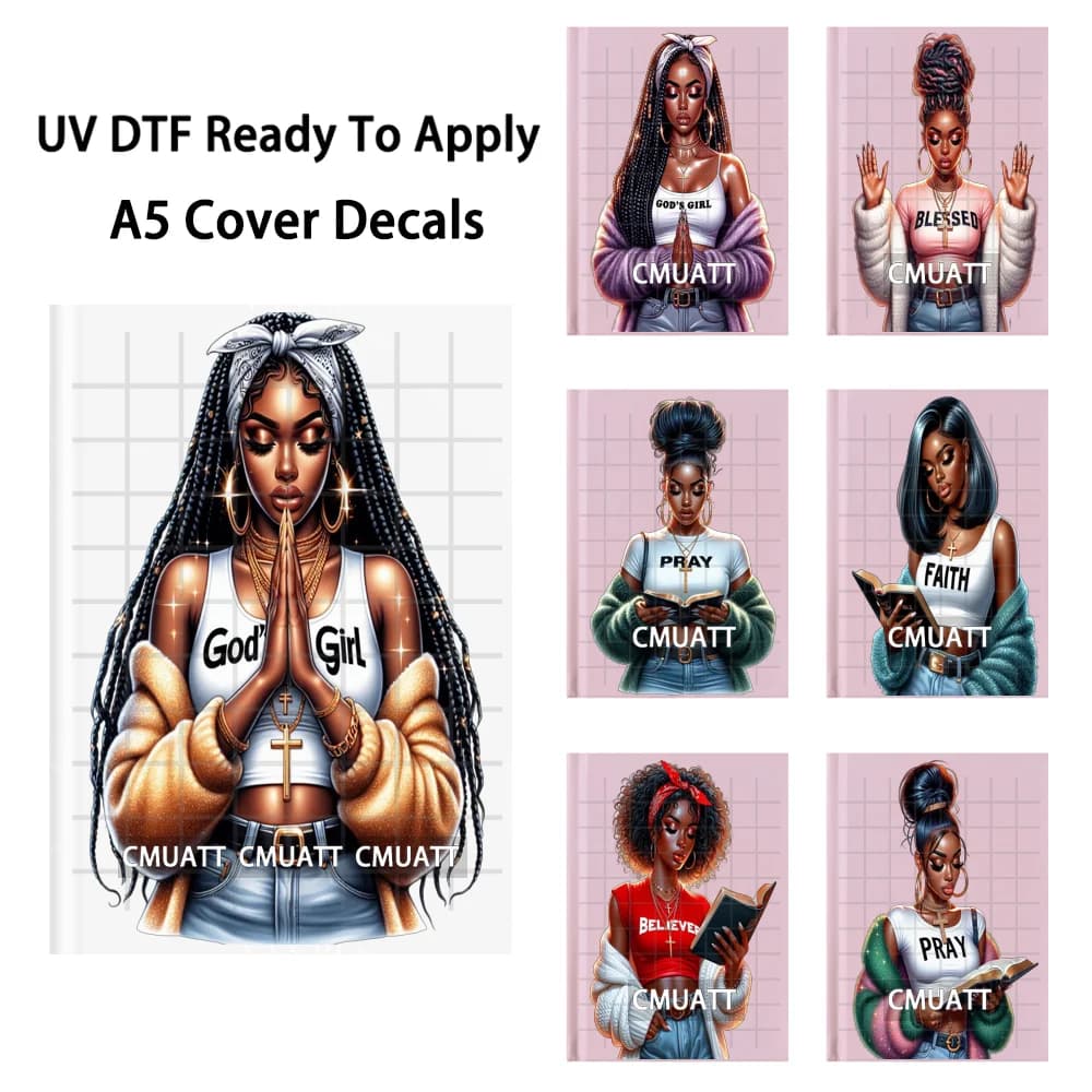Quaderno A5 Afro Planner Girls With Faith Jesus con involucri UV DTF pronti da applicare, adesivi impermeabili per la copertina del diario.