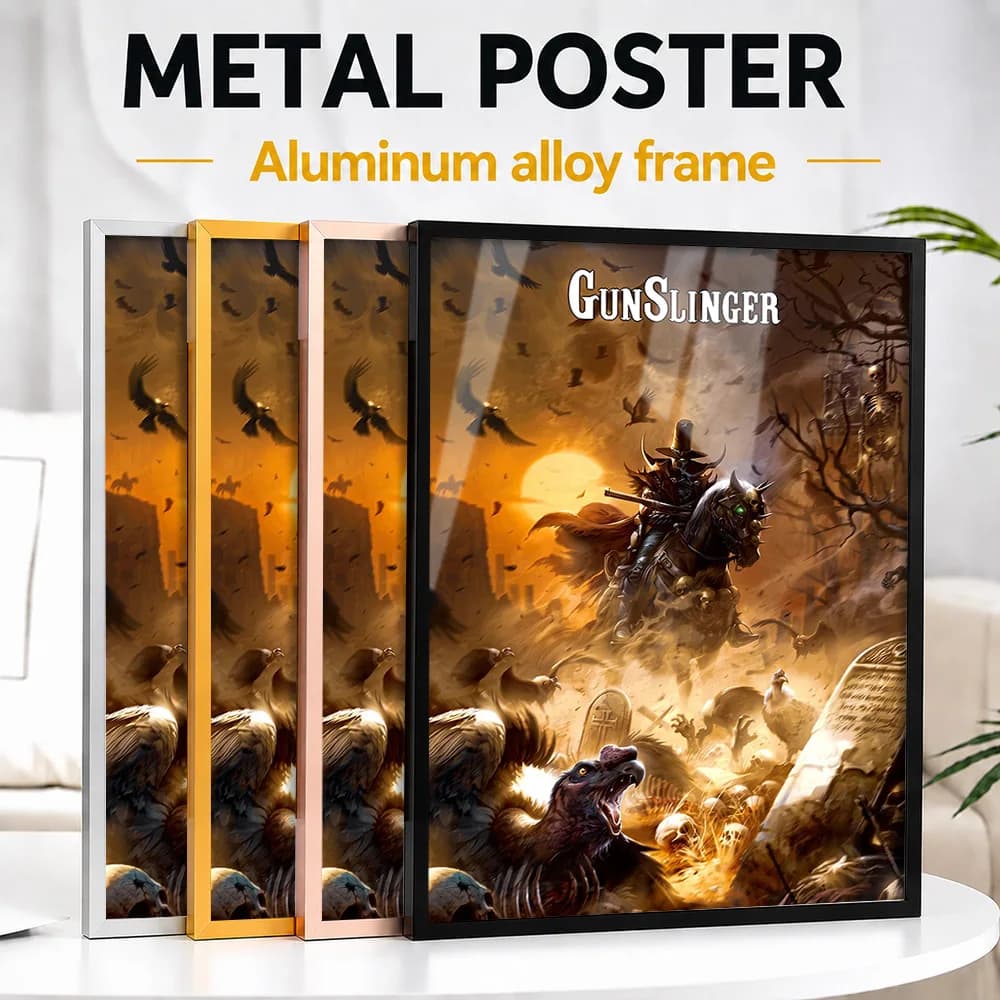Fantasy Gunslinger Battlefield Framed Metal Poster Personalized Photo Vintage Pulp Style Wall Art For Bedroom Pop Culture Gift