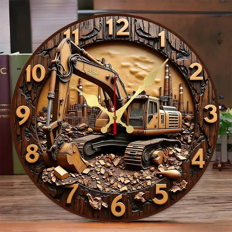 Orologio da parete sospeso silenzioso rotondo in legno industriale per escavatore, adatto per soggiorno, ufficio, sala studio, camera da letto, decorazione domestica