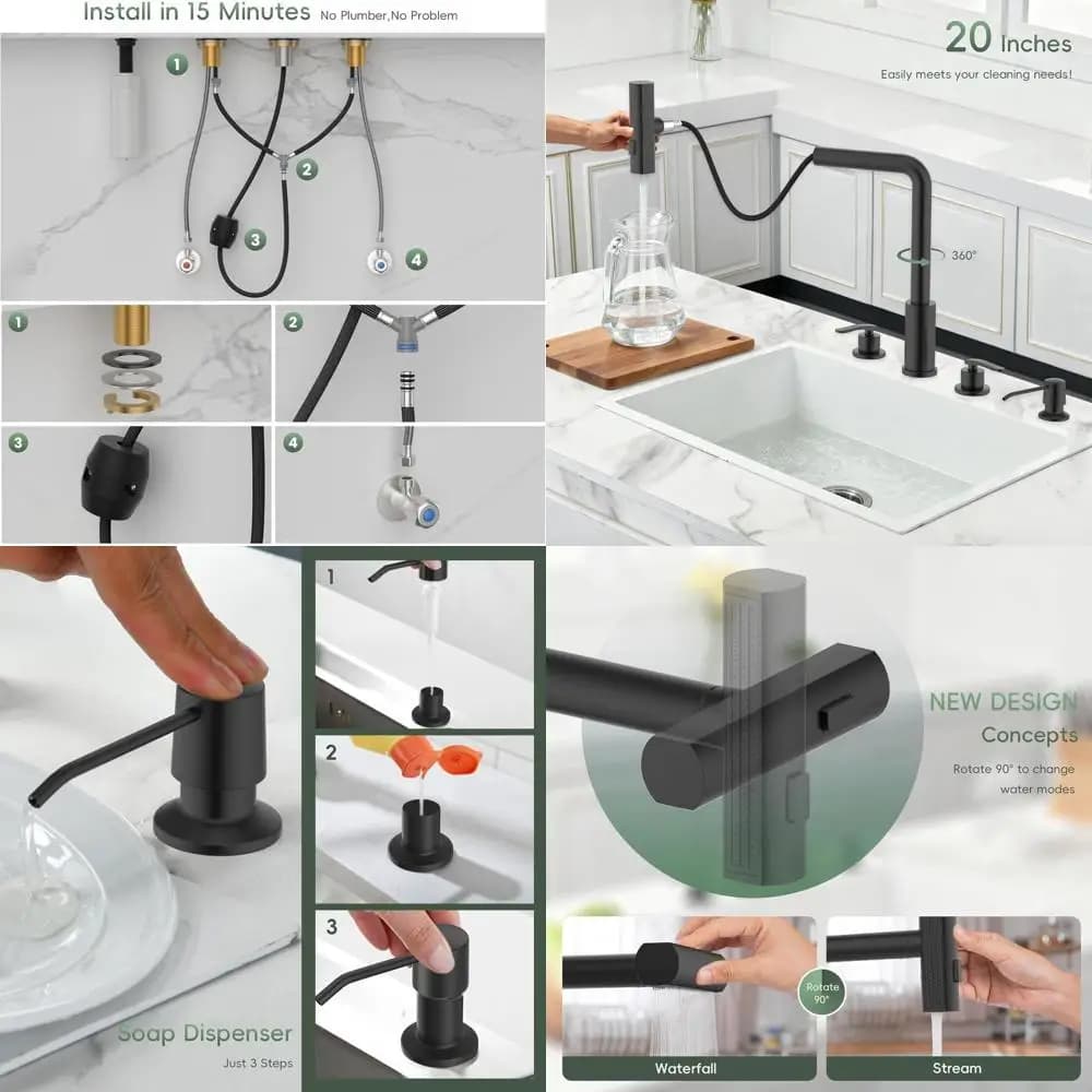 Rubinetto estraibile a 4 fori in acciaio inossidabile con dispenser di sapone, miscelatore per lavello a cascata a doppia maniglia nero opaco