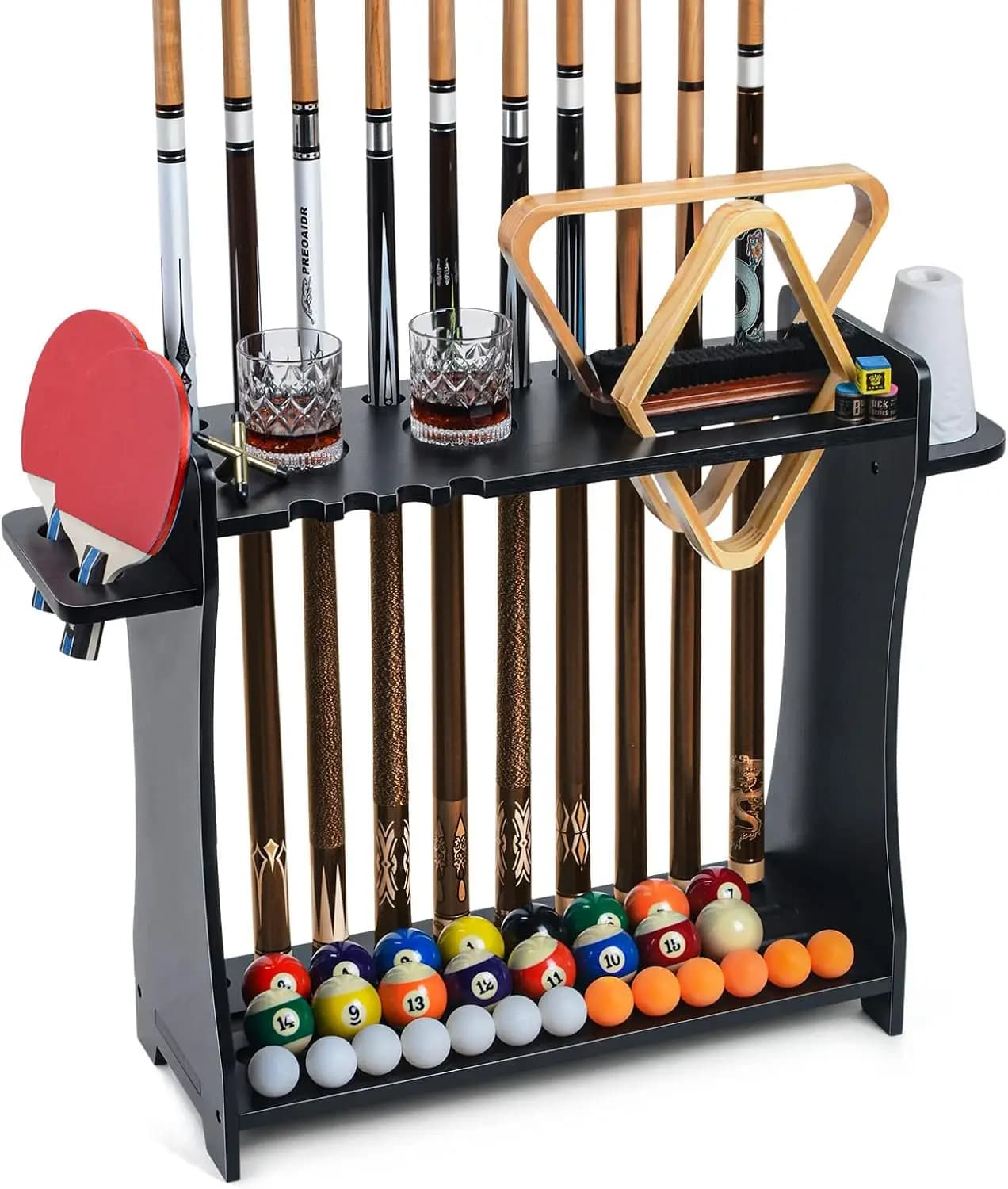 Supporto 2-in-1 per Stecche da Biliardo e Racchette da Ping Pong, Stand in Legno Massiccio per 9 Stecche e Palline, per Sala Giochi