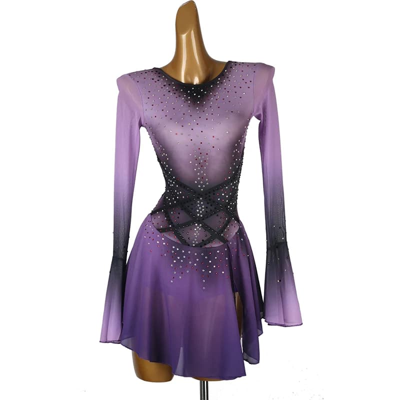 Abito per pattinaggio artistico da donna e ragazza, abito per pattinaggio su ghiaccio viola, costume da ginnastica su misura, taglia 331