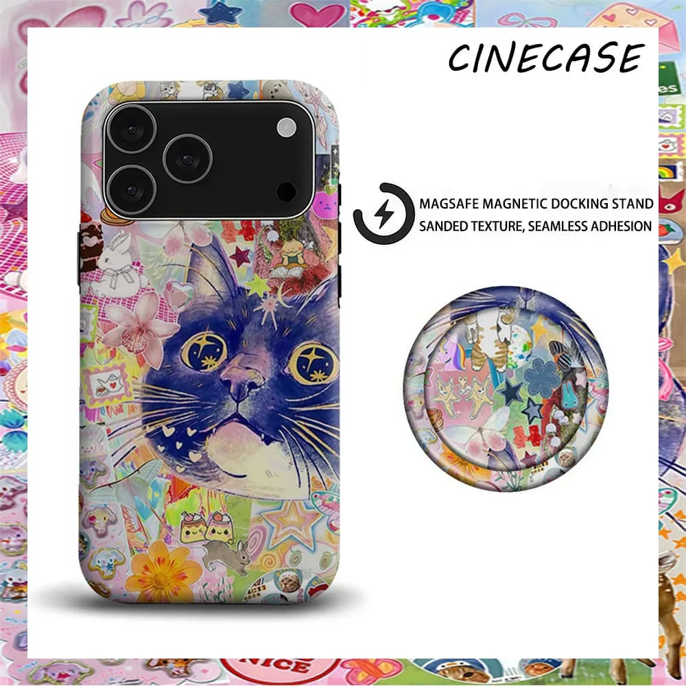 Kawaii Cat Collage 2-in-1 Matte For MagSafe Phone Case Matching PopSocket Grip Bumper For IPhone 17 16 15 14 13 Pro Max