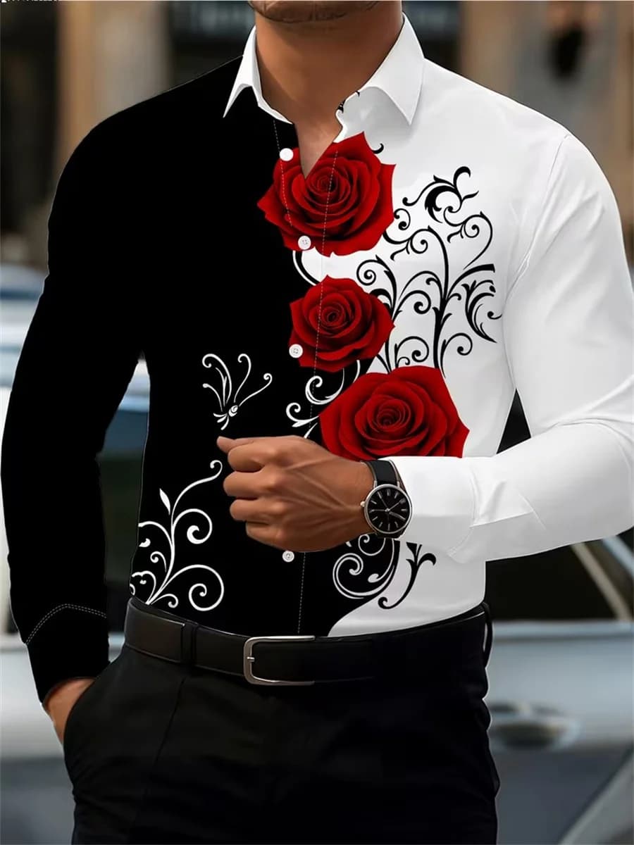 Men's Red Rose Print Long-Sleeve Shirt, Fashionable and Casual