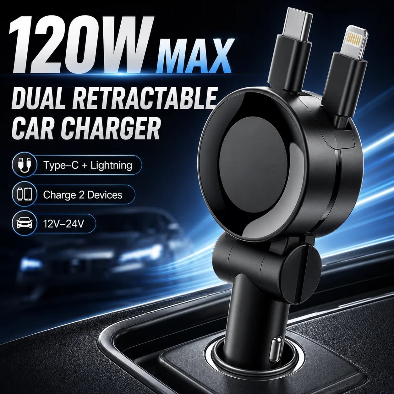 Dual Retractable Car Charger Type-C Lightning 180° Adjustable Fast Charging Adapter for 12V 24V Cars