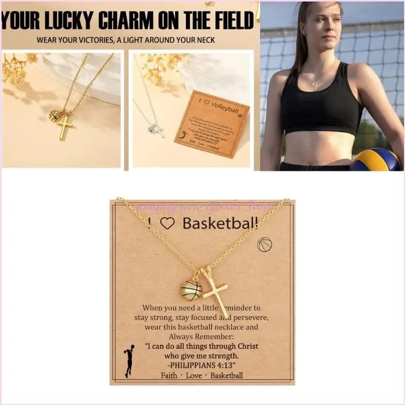 57QA Necklace with sports crucifix pendant with basketball elements, volleyball, football, adjustable length, light design