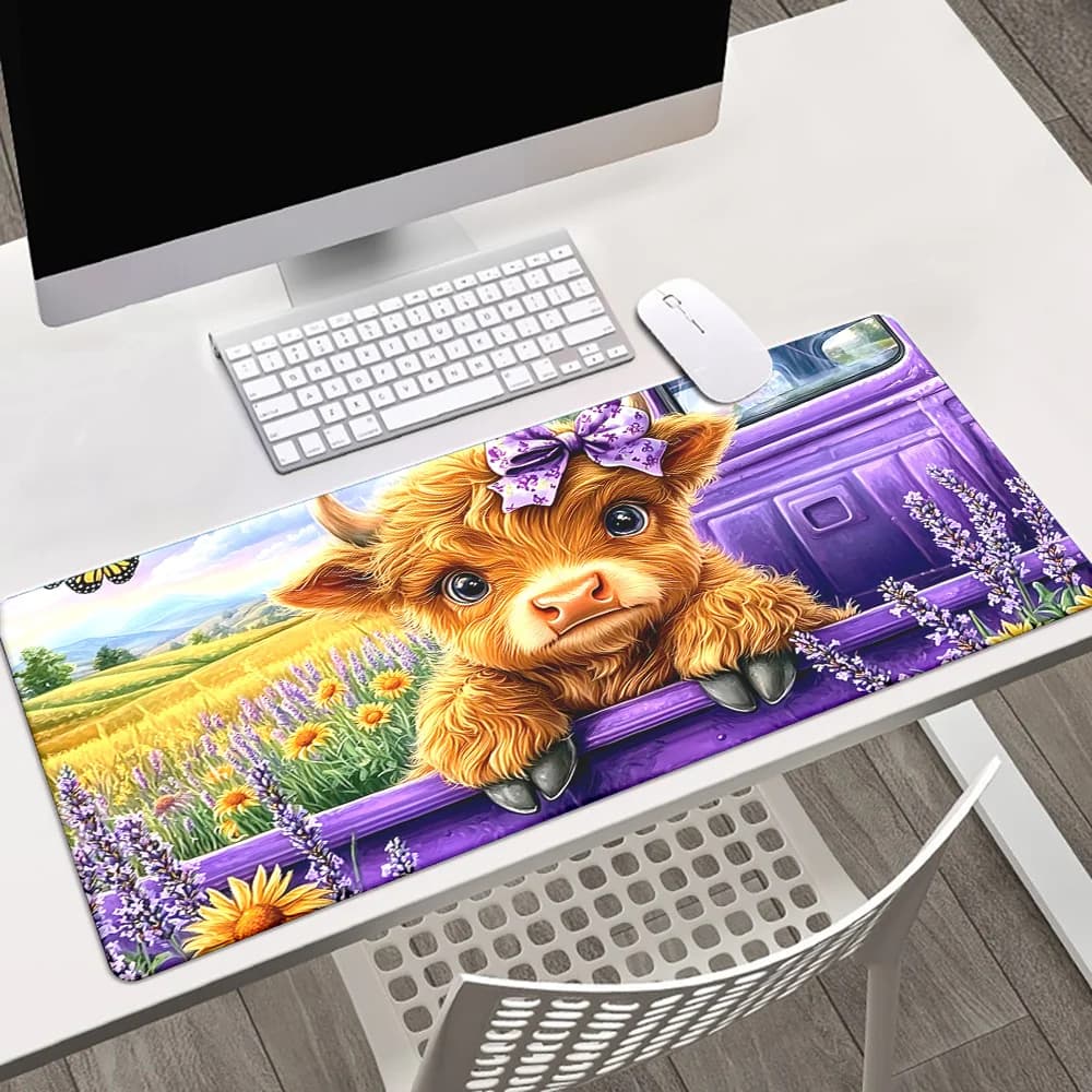 Simpatico tappetino da scrivania con mucca delle Highland e campo di lavanda, tappetino per mouse da gioco grande, accessorio da ufficio in gomma antiscivolo