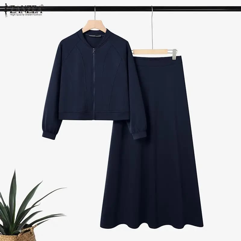ZANZEA 2026 Completo Primaverile da Donna: Blusa a Maniche Lunghe e Gonna, Set di 2 Pezzi alla Moda con Giacca con Cerniera e Abito Lungo, Set Coordinato Musulmano