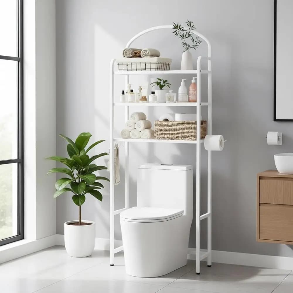 Scaffale portaoggetti a 3 livelli da posizionare sopra il WC, organizer da bagno in metallo bianco con ganci e porta carta igienica