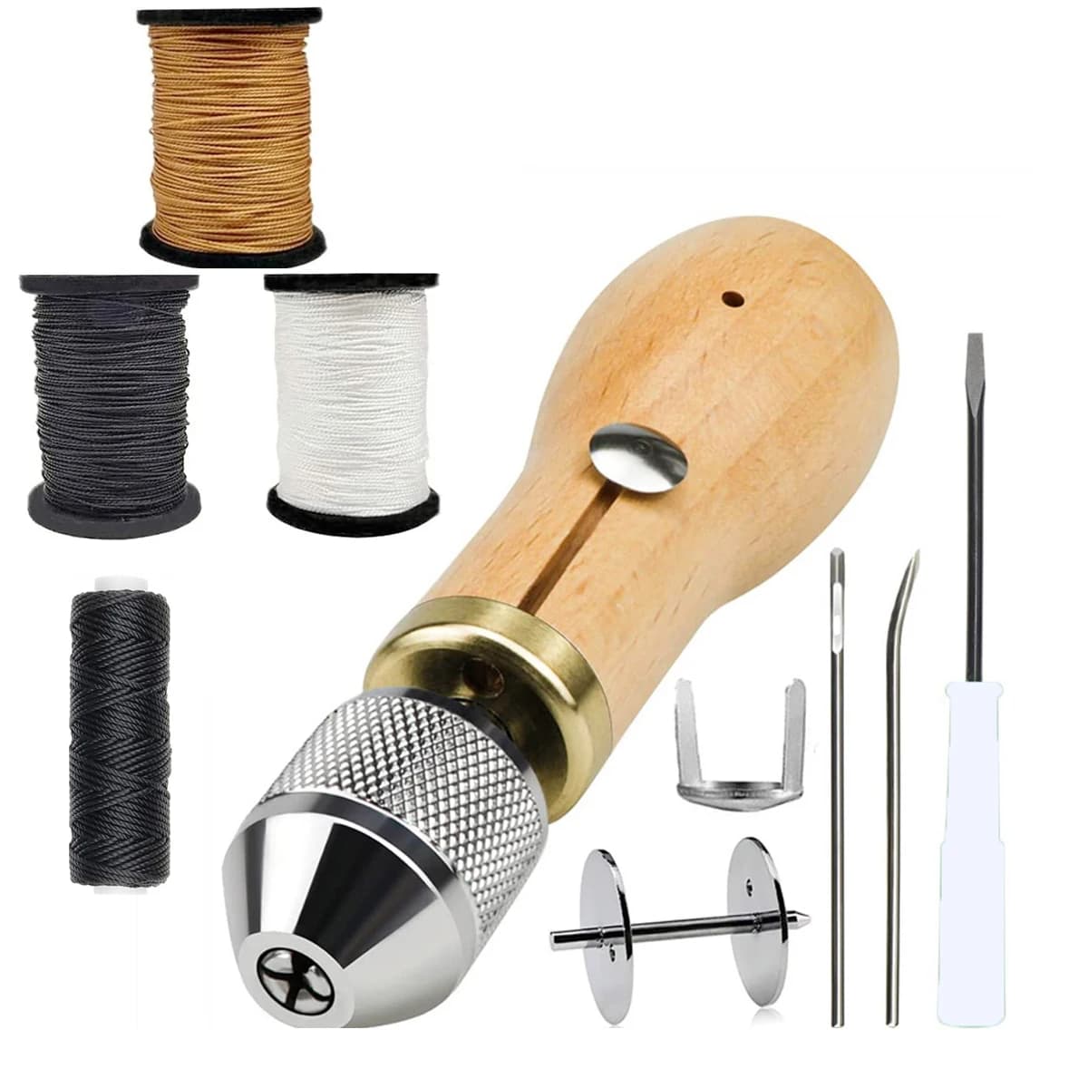 Kit macchina da cucire in pelle con macchina da cucire portatile, due aghi, tre fili per scarpe in nero bianco marrone per pelle fai da te