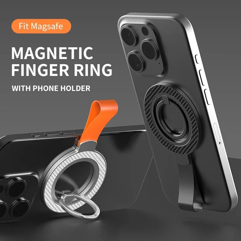 Supporto Magnetico Pieghevole per Telefono con Anello e Cordino in Silicone, Rotante, Compatibile con Ricarica Wireless per Smartphone