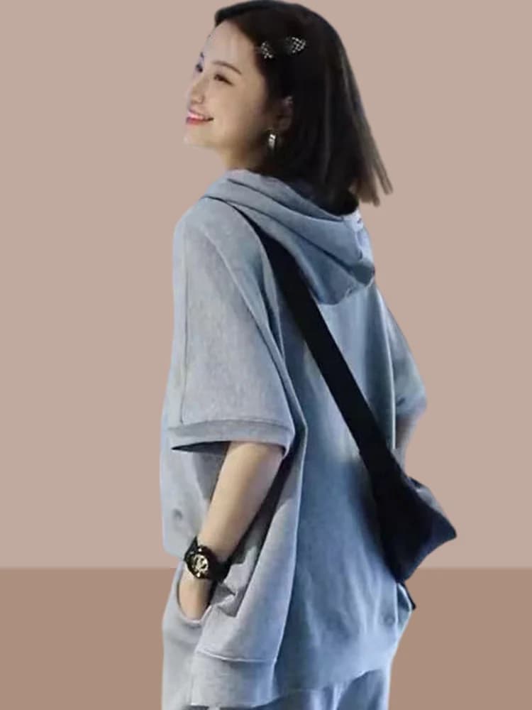 Fashionable Loose Sportswear Set for Women Summer New Style Casual Shorts Sleeveless Hoodie Two Piece Suit Comfortable Breath...