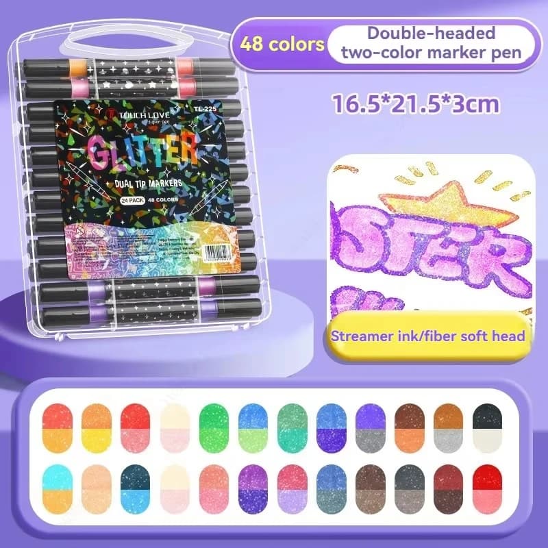 Pennarelli Glitterati con Acquerello Glitterato, Set di 48 Pennarelli Fluorescenti a Doppia Punta, Speciali per Studenti e Bambini, Materiali Artistici