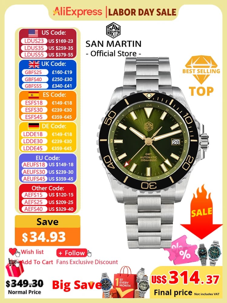 San Martin 39mm Diver GMT Orologio quadrante smaltato NH34 Orologio da uomo di lusso in acciaio inossidabile Meccanico automatico Zaffiro luminoso SN0136