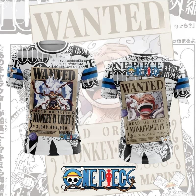 T-shirt casual da uomo a maniche corte stampata in 3D con poster di caccia a Monkey D. Luffy Gear 5, anime Sun God Nika, streetwear