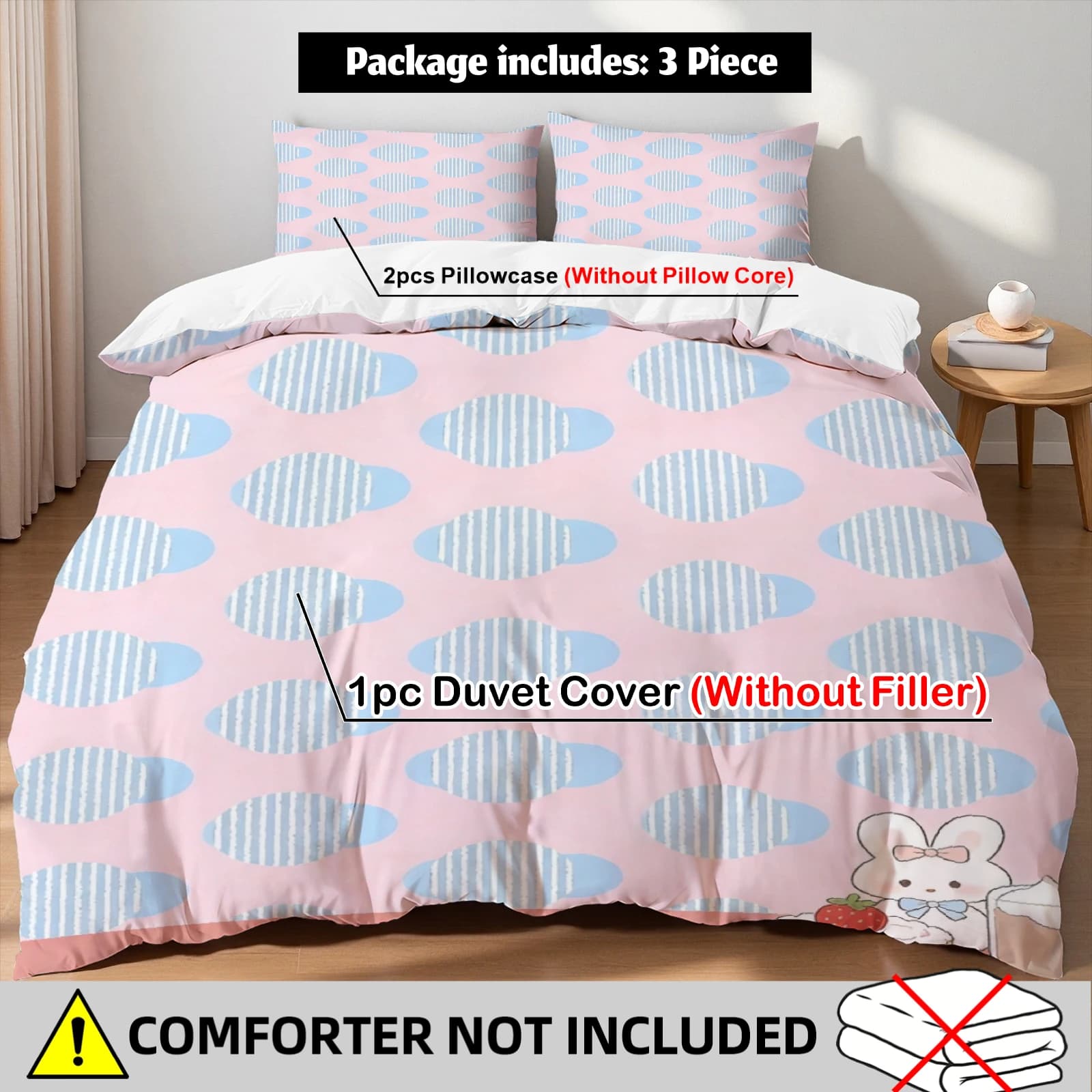Set copripiumino ovale Sweet Bunny, set biancheria da letto a righe rosa e blu con 2 federe per un arredamento accogliente, misura Twin, Queen, King