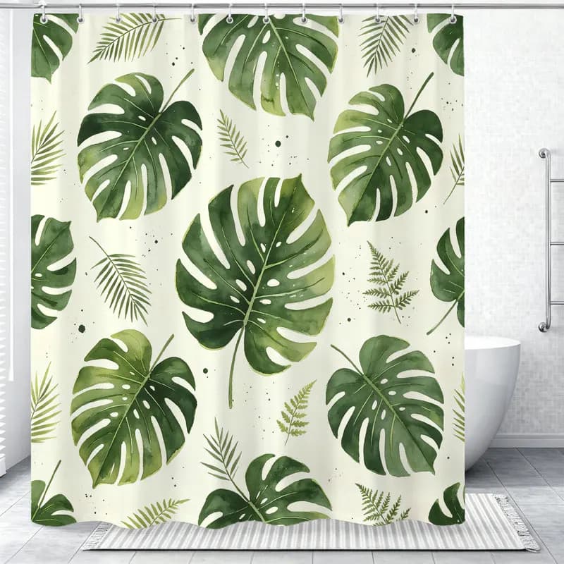 180x180cm Polyester Shower Curtain,Easy Hanging,Easy to Install,Durable,Watercolor Monstera Fern Leaves Print,Bathroom Shower