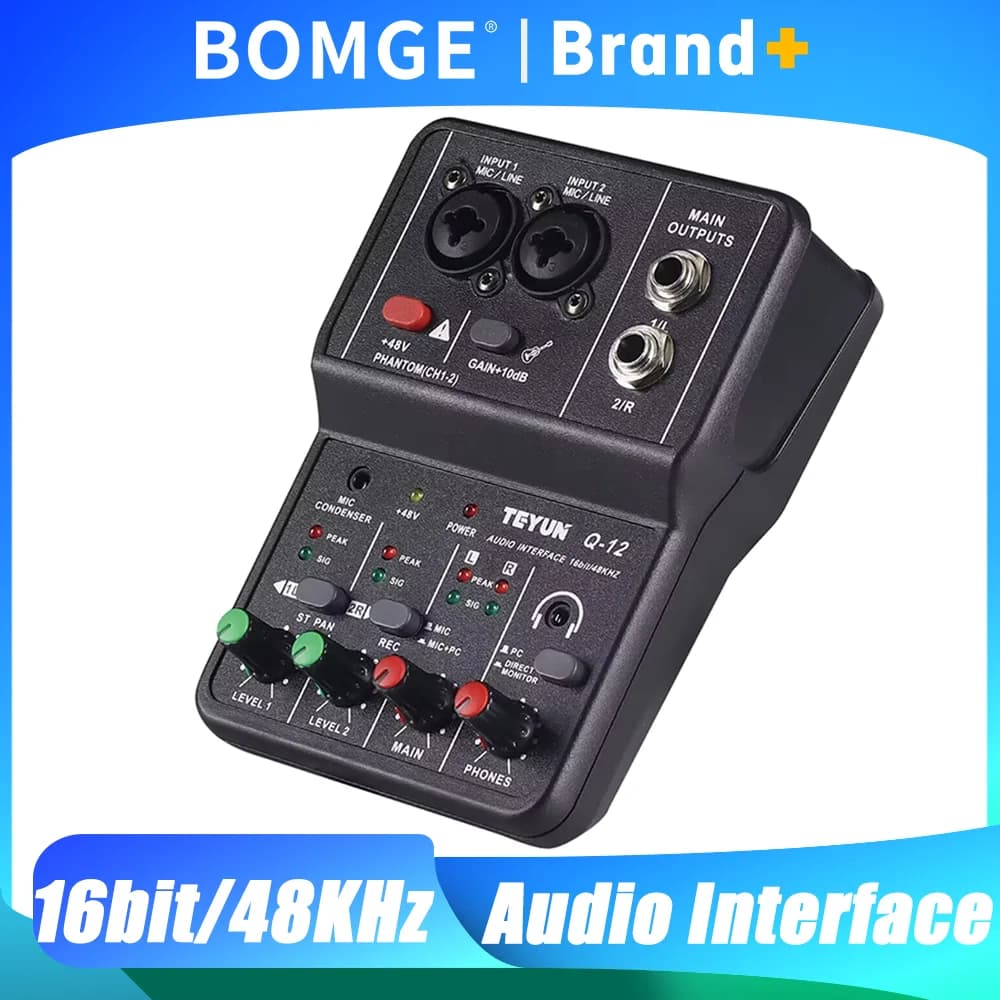 Interfaccia audio professionale portatile a 2 canali, scheda audio, console mini USB MIXER per registrazione di chitarra, studio di registrazione, canto Q12
