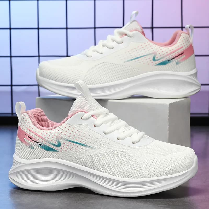 Women's Breathable Mesh Sneakers Fashion Breathable Elastic White Platform Running Shoes Thick Sole Non Slip Casual Walking Shoe