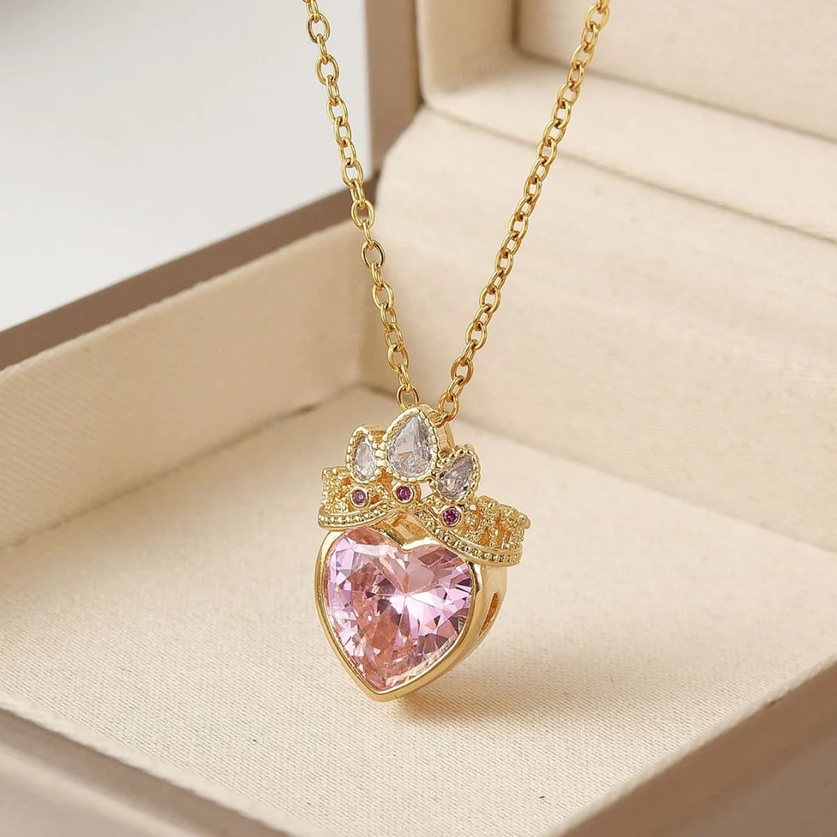 Women's Pink Crown Heart-Shaped Necklace Titanium Steel Lock Chain Light Luxury Versatile Accessory Jewelry Gift