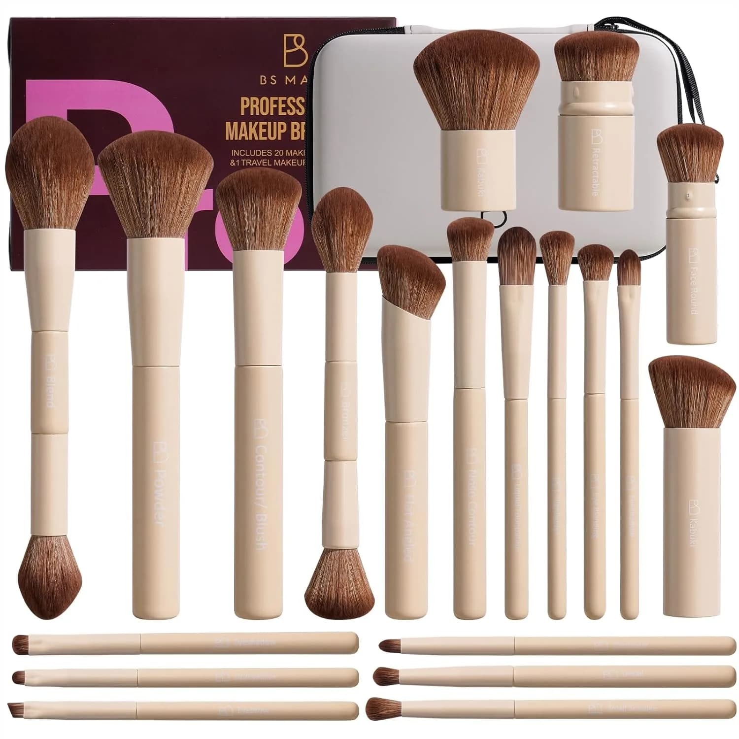 Set di Pennelli Professionali per Trucco 20 Pezzi con Custodia da Viaggio, Pennelli Kabuki per Ombretto, Correttore, Blush, Bronzer e Fondotinta, Etichettati