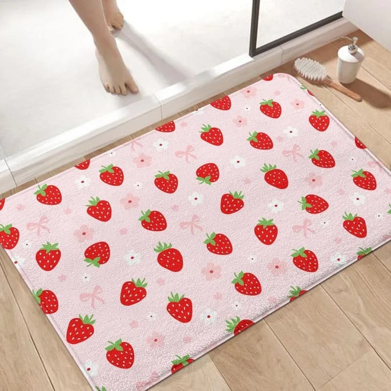 Pink door mat with strawberry pattern Entrance mat with cute floral bow House decorations Soft welcome carpet non-slip for living room