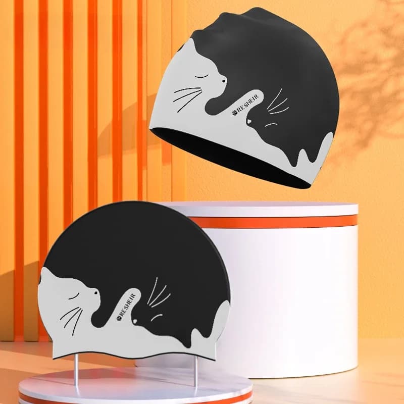 Printed swim caps for cartoon cats for women swimming headphones in Silicone large size protection for hair ears long pool accessories