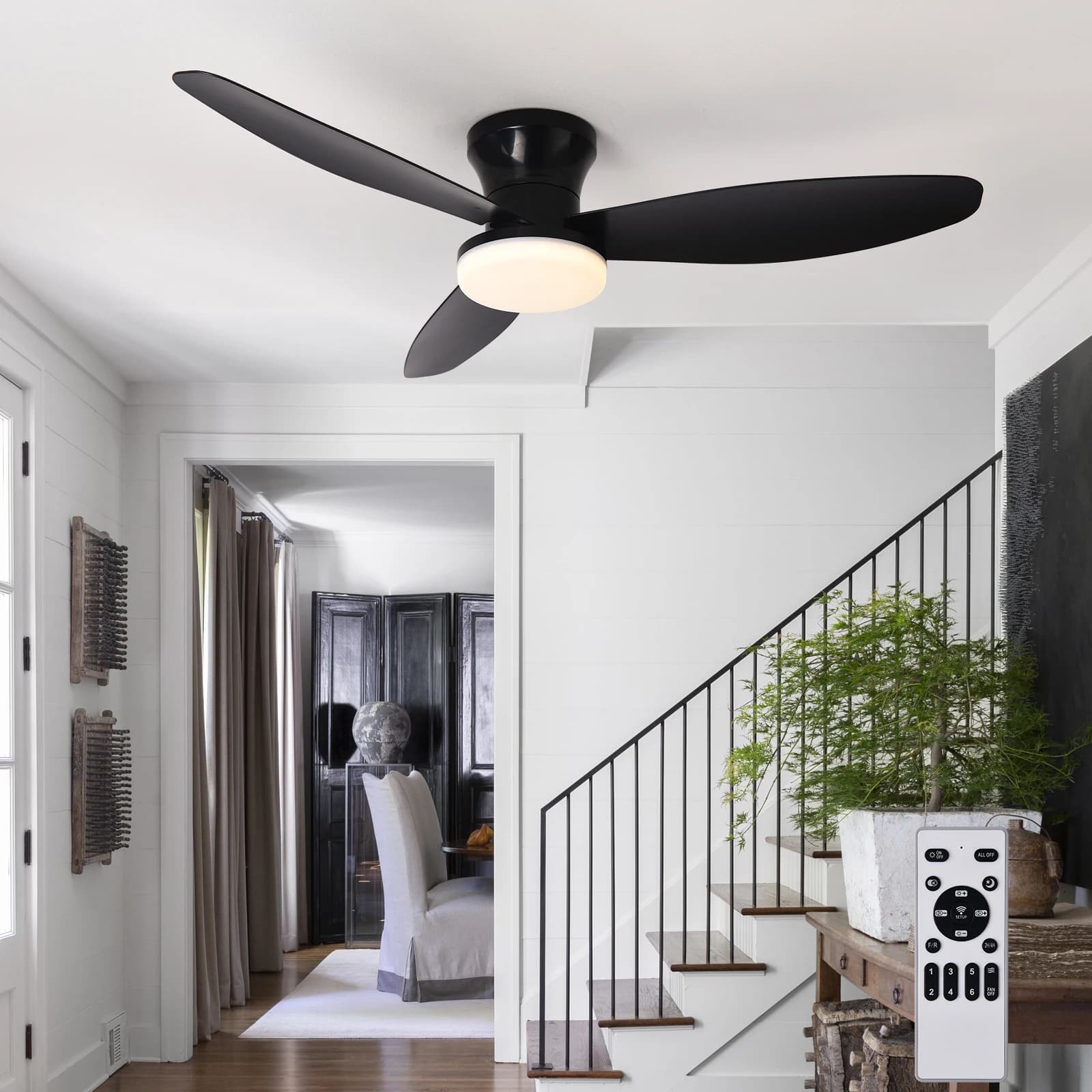 Ventilatore da soffitto con luce 3 colori, 6 velocità, temporizzazione, ventilatore da soffitto con telecomando 3 pale per cucina, camera da letto, sala da pranzo