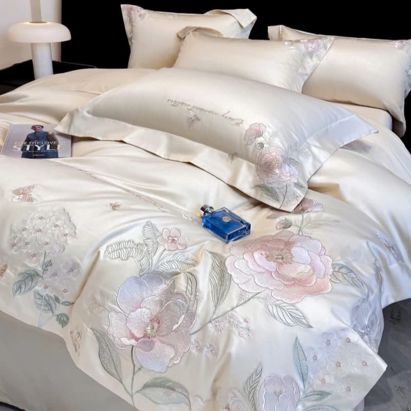 600TC Egyptian Cotton Luxury Bedding Set With Blooming Flowers Embroidery Duvet Cover Bed Sheet/Fitted Sheet Pillowcases 4Pcs