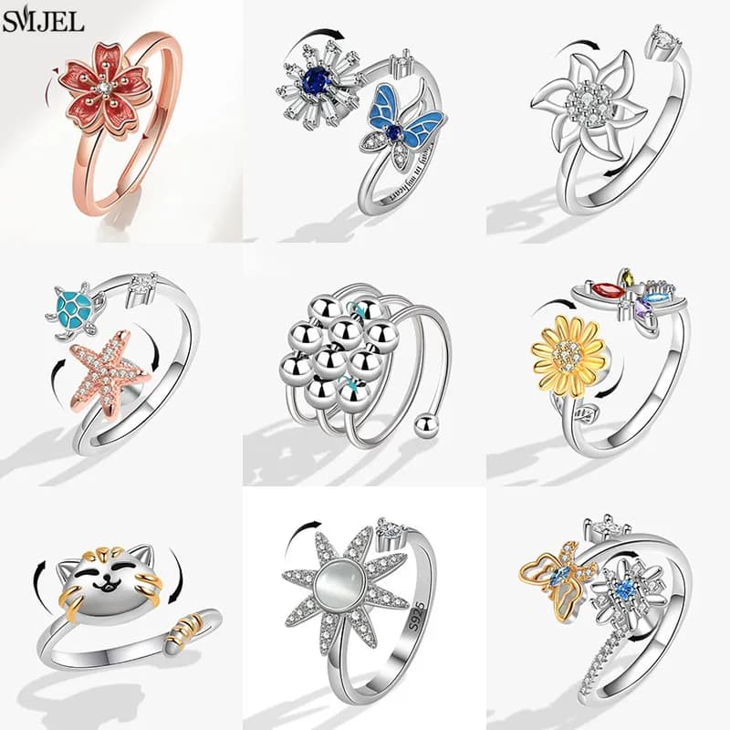 Simpatico gatto felice antistress ansia Fidget Spinner Anelli ruota liberamente per le donne Anello a nocca in rame metallico Gioielli da sposa Bague