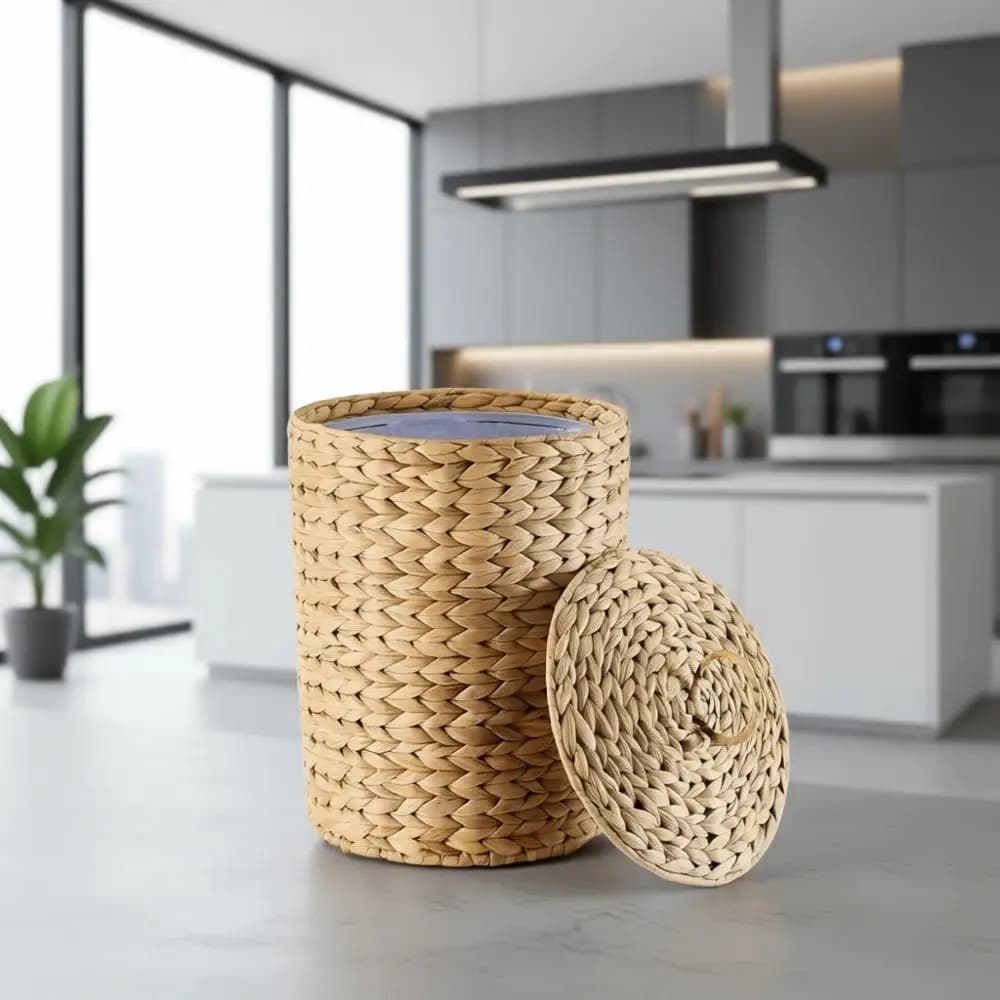 Cestino per Rifiuti in Rattan Intrecciato a Mano con Contenitore Rimovibile per Casa e Ufficio