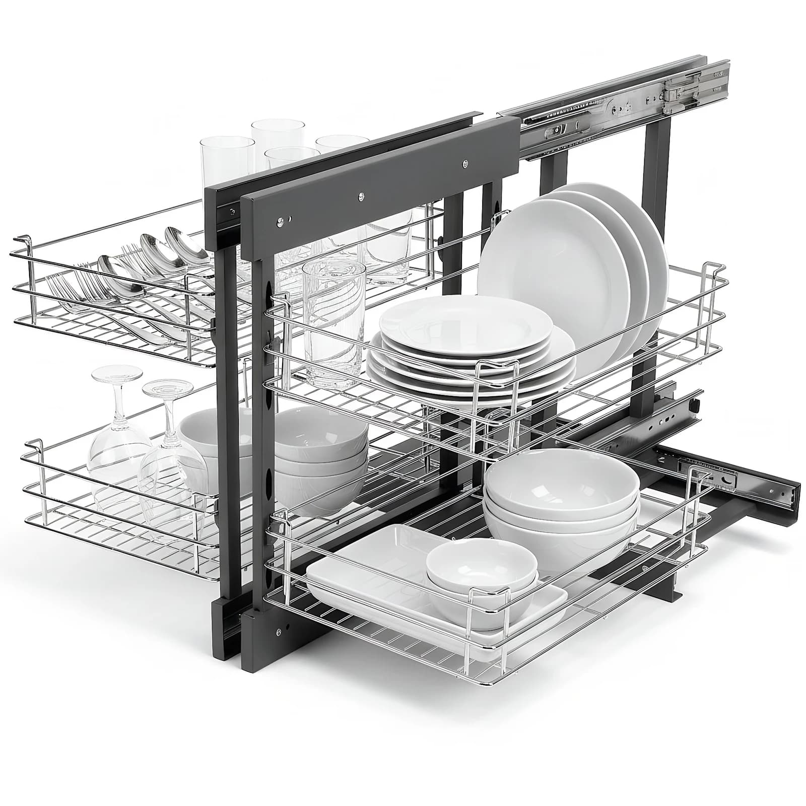 Double Level Extractable Basket with Shock Absorber, Left and Right Opening, Suitable for Kitchen Blind Angles or Bathroom